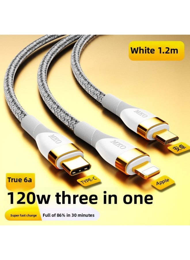 Data Cable Three-in-one Charging Cable 66W Mobile Phone Super Fast Charging 120W One-on-three 6A Suitable For Apple China-Color:White 1.2m 【120w Super Fast Charge】 1 Pack